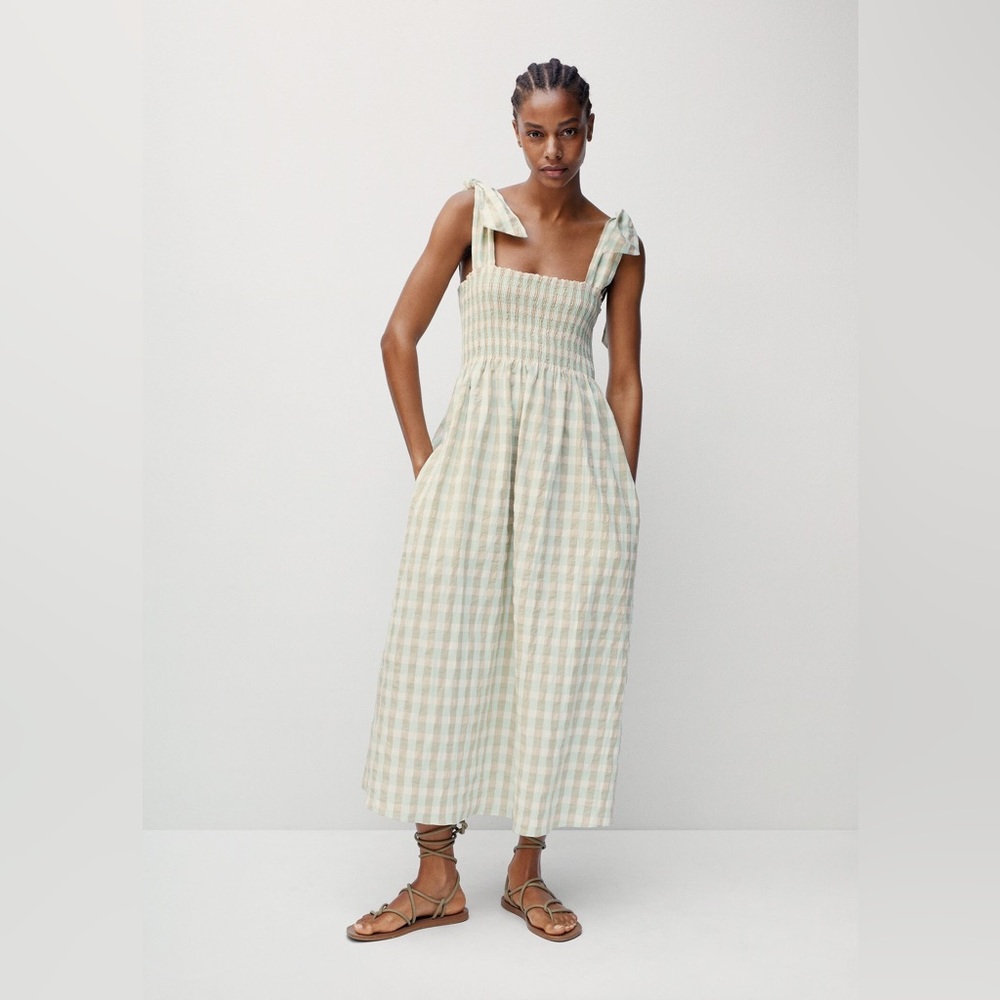 NWT Mango Midi Tie Strap Gingham Dress